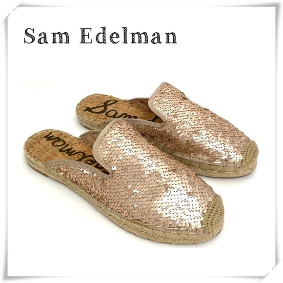 Sam Edelman Kerry Sequin Espadrille Flats Slide Mule Sandal Nude Beige Gold Sz 8 - Picture 1 of 11